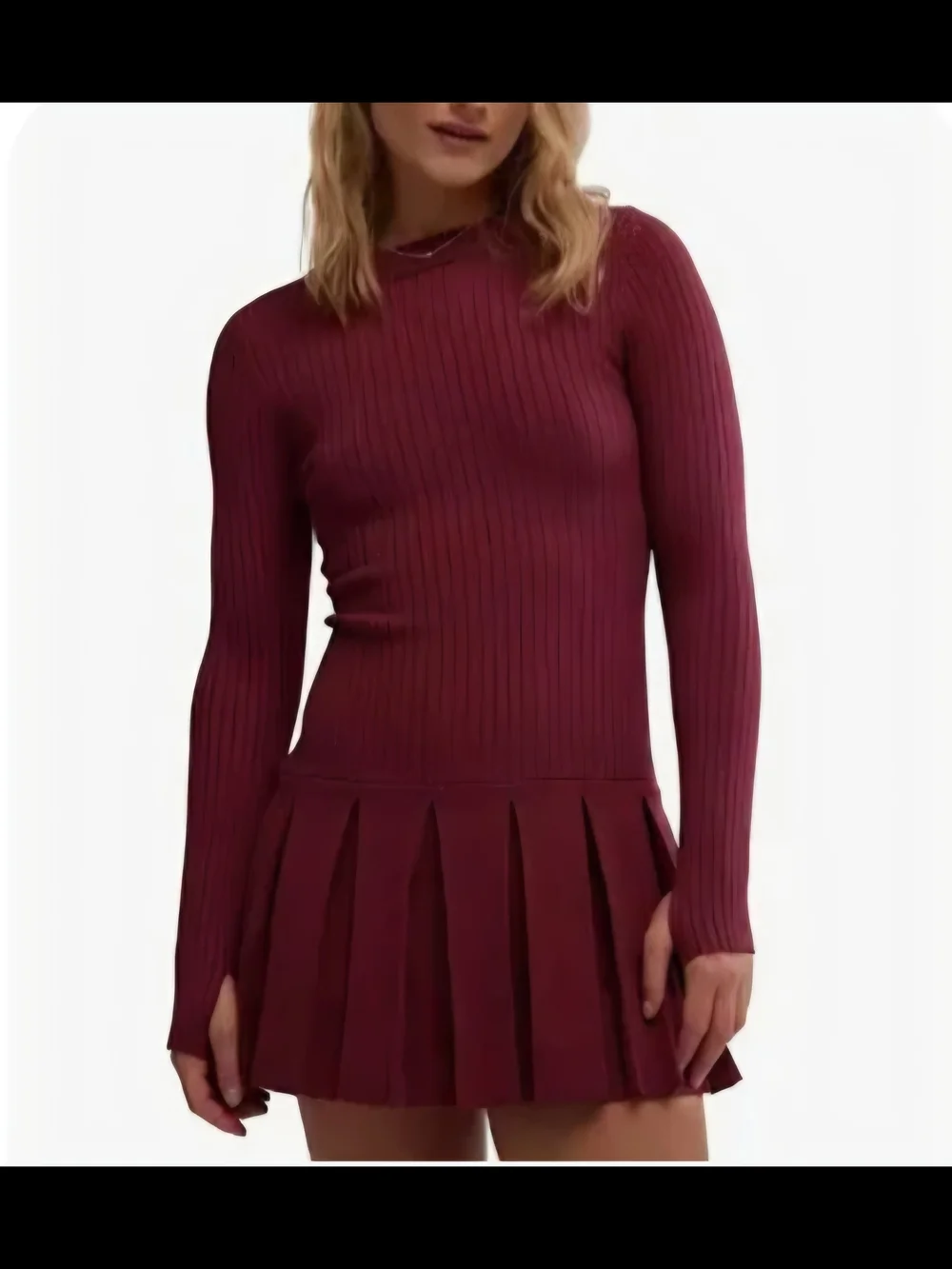 Free People Women’s Ribbed Knit Long Sleeve Dress in Burgundy